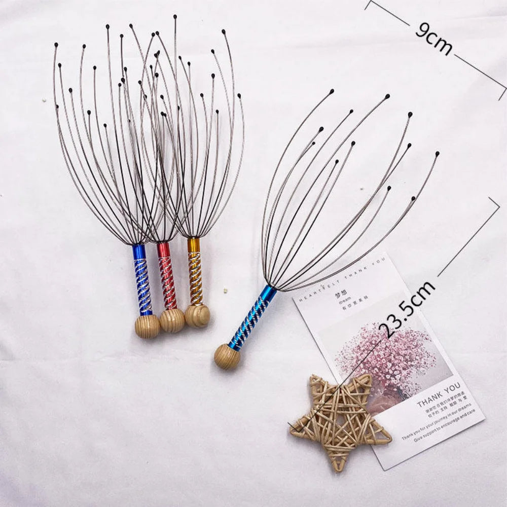 Octopus Head Massager, Manual Scalp Scratcher, Stainless Steel Claws, Wood Handle, Stress Relief, Non-Electric, Random Color
