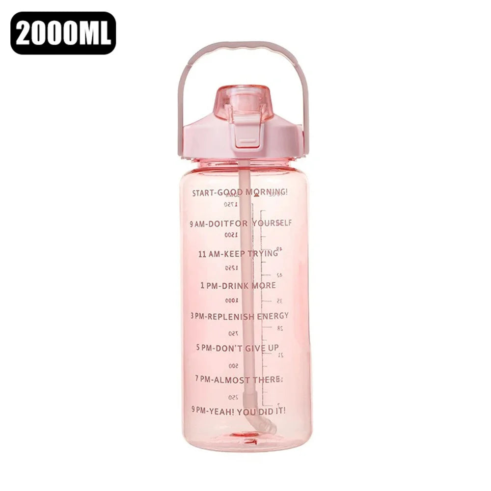 2L Water Bottle with Time Marker, Leak-Proof, Non-Slip, Portable Plastic Fitness Cup for Travel with Cute Stickers
