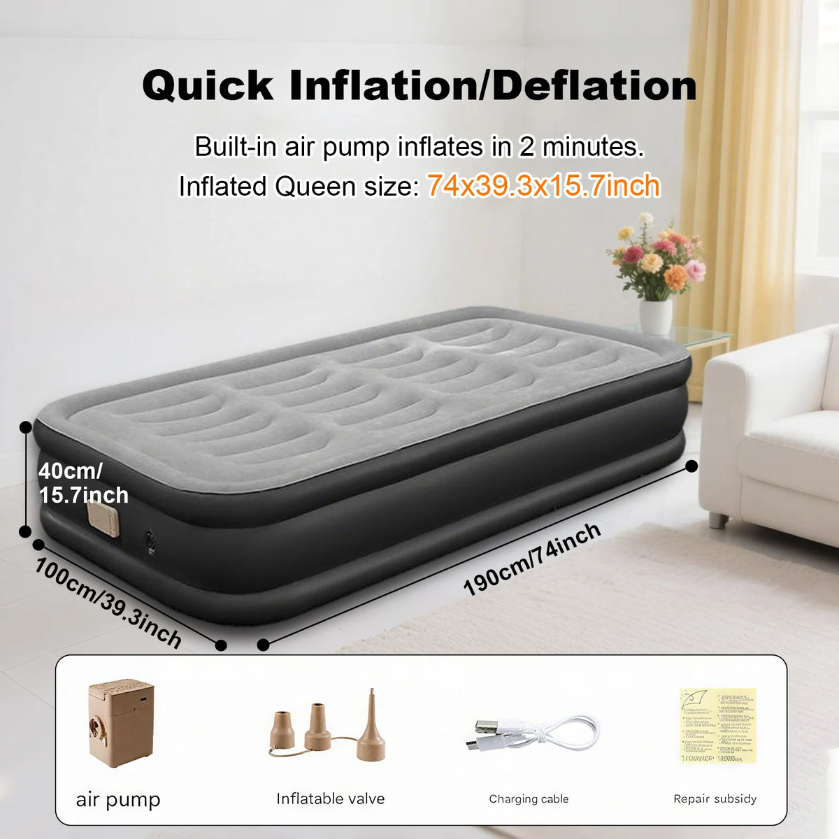 1-2 Person Automatic Inflatable Air Mattress with Built-In Pump, Thick PVC Camping Bed for Indoor Outdoor Use, Portable Sleeping Mat for Travel & Home