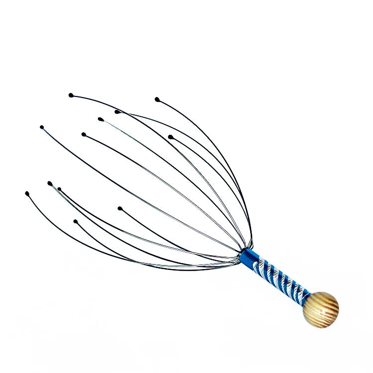 Octopus Head Massager, Manual Scalp Scratcher, Stainless Steel Claws, Wood Handle, Stress Relief, Non-Electric, Random Color