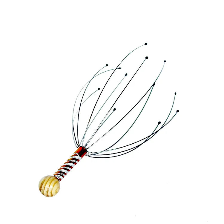 Octopus Head Massager, Manual Scalp Scratcher, Stainless Steel Claws, Wood Handle, Stress Relief, Non-Electric, Random Color
