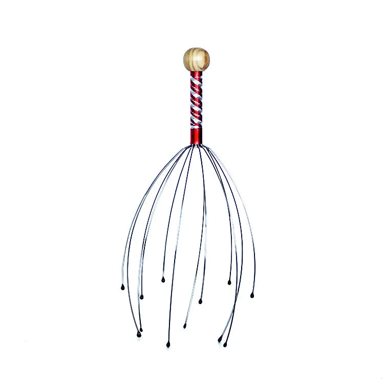 Octopus Head Massager, Manual Scalp Scratcher, Stainless Steel Claws, Wood Handle, Stress Relief, Non-Electric, Random Color