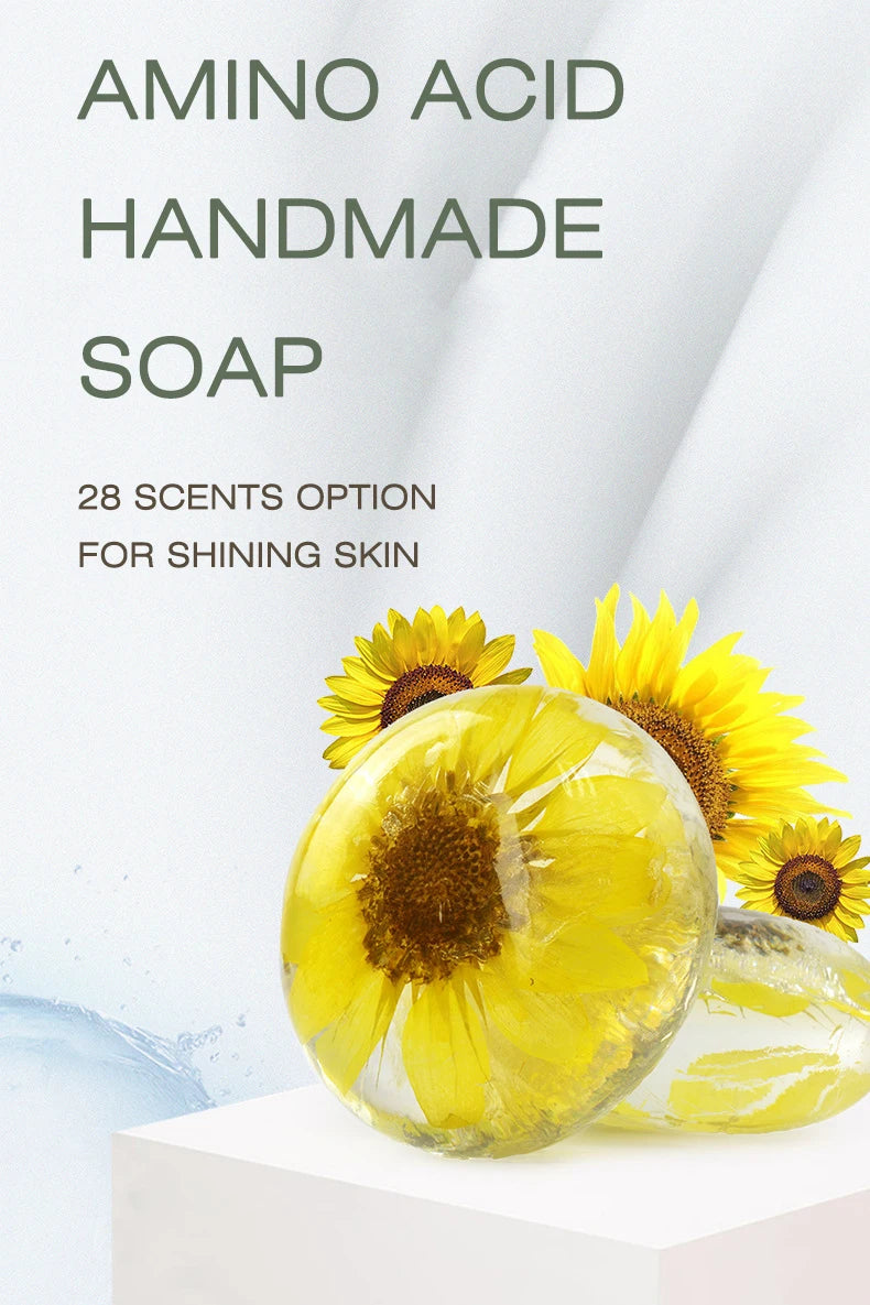2.82oz / 80g Transparent Handmade Soap with Real Fresh Flower – Amino Acid Infused Moisturizing & Hydrating Facial & Body Bar