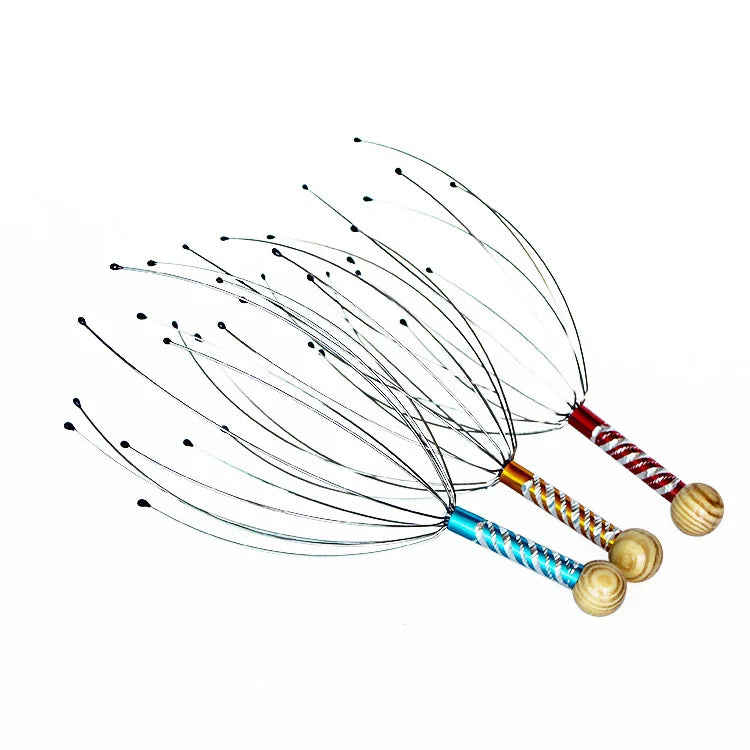 Octopus Head Massager, Manual Scalp Scratcher, Stainless Steel Claws, Wood Handle, Stress Relief, Non-Electric, Random Color