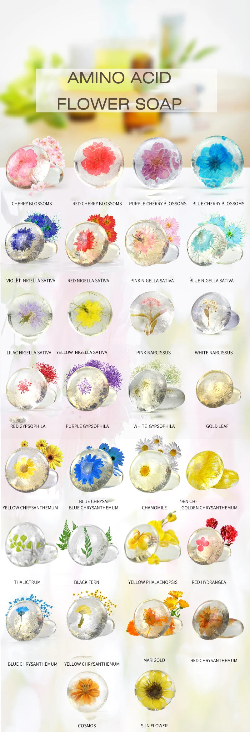 2.82oz / 80g Transparent Handmade Soap with Real Fresh Flower – Amino Acid Infused Moisturizing & Hydrating Facial & Body Bar