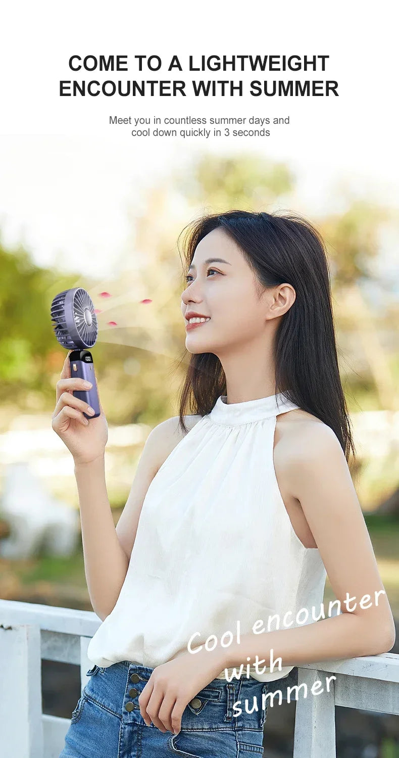 Handheld Mini Fan 3000mAh, Foldable 5-Speed USB Rechargeable, Neck-Hanging/Desk, Phone Stand & LED Display