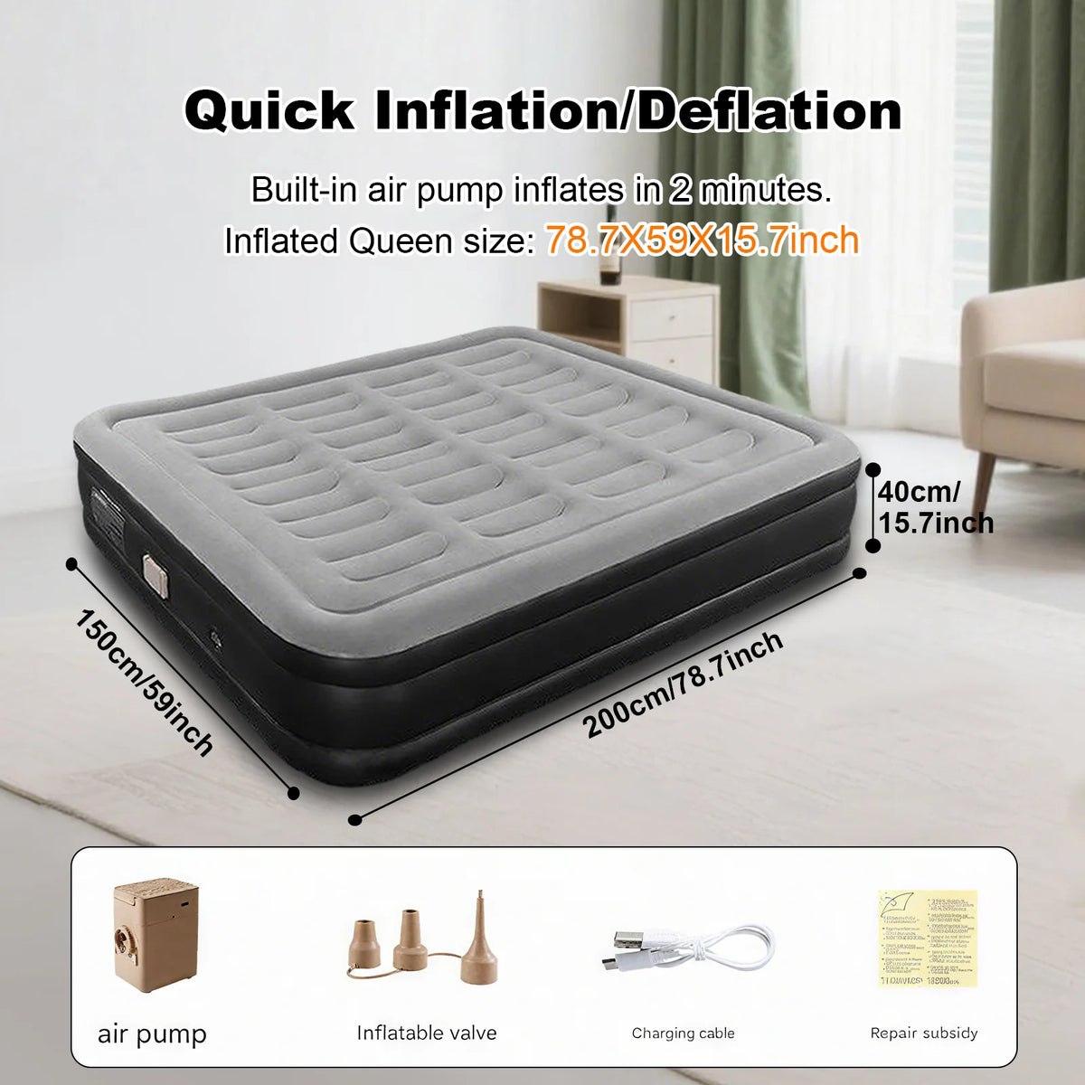 1-2 Person Automatic Inflatable Air Mattress with Built-In Pump, Thick PVC Camping Bed for Indoor Outdoor Use, Portable Sleeping Mat for Travel & Home
