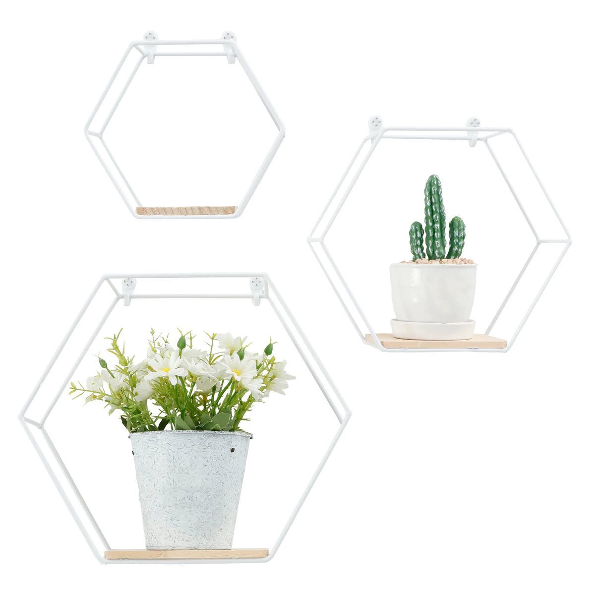 Wall Mounted Hexagonal Floating Shelves – Set of 3 Stainless Steel & Wood Display Racks for Living Room, Bedroom, Office