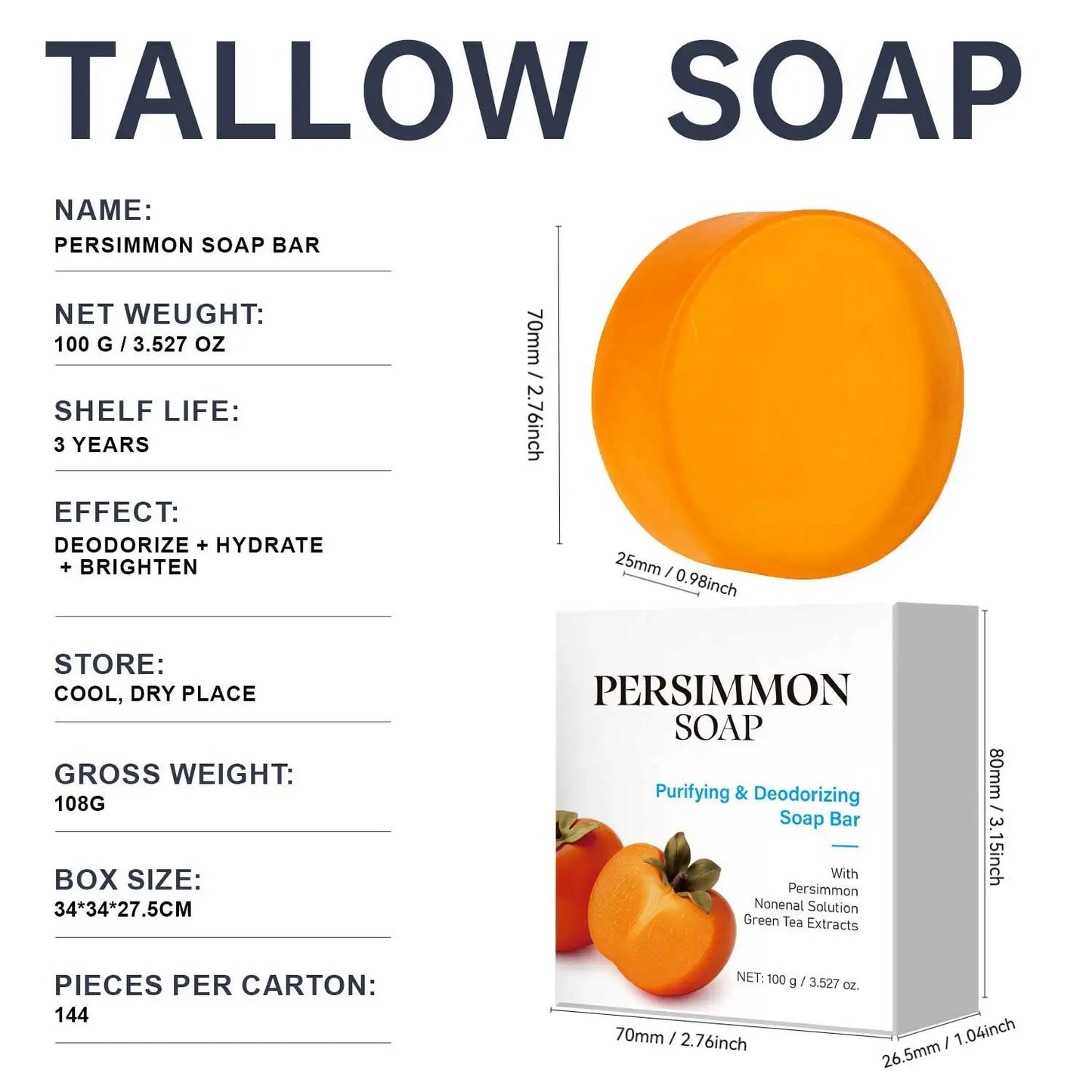 Persimmon Soap Bar with Green Tea Extract – Deodorizing & Purifying Soap for Body Odor, Face & Hand Wash –