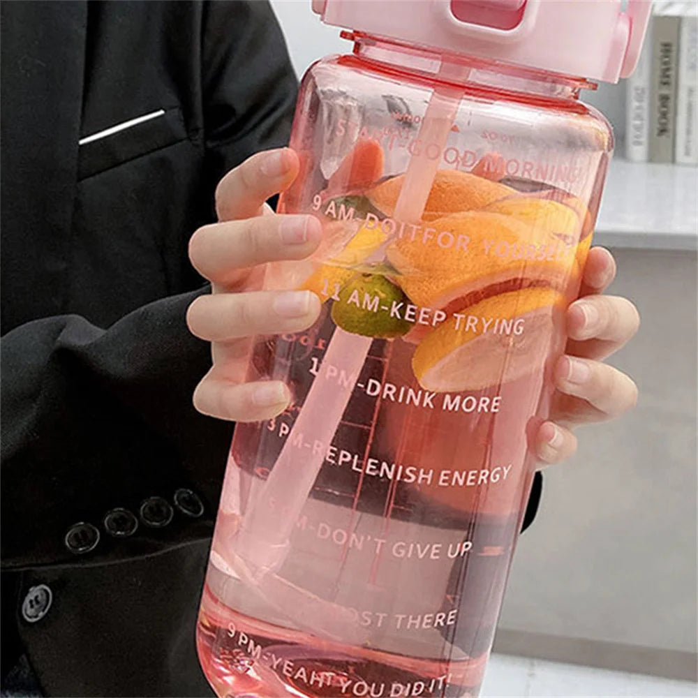 2L Water Bottle with Time Marker, Leak-Proof, Non-Slip, Portable Plastic Fitness Cup for Travel with Cute Stickers