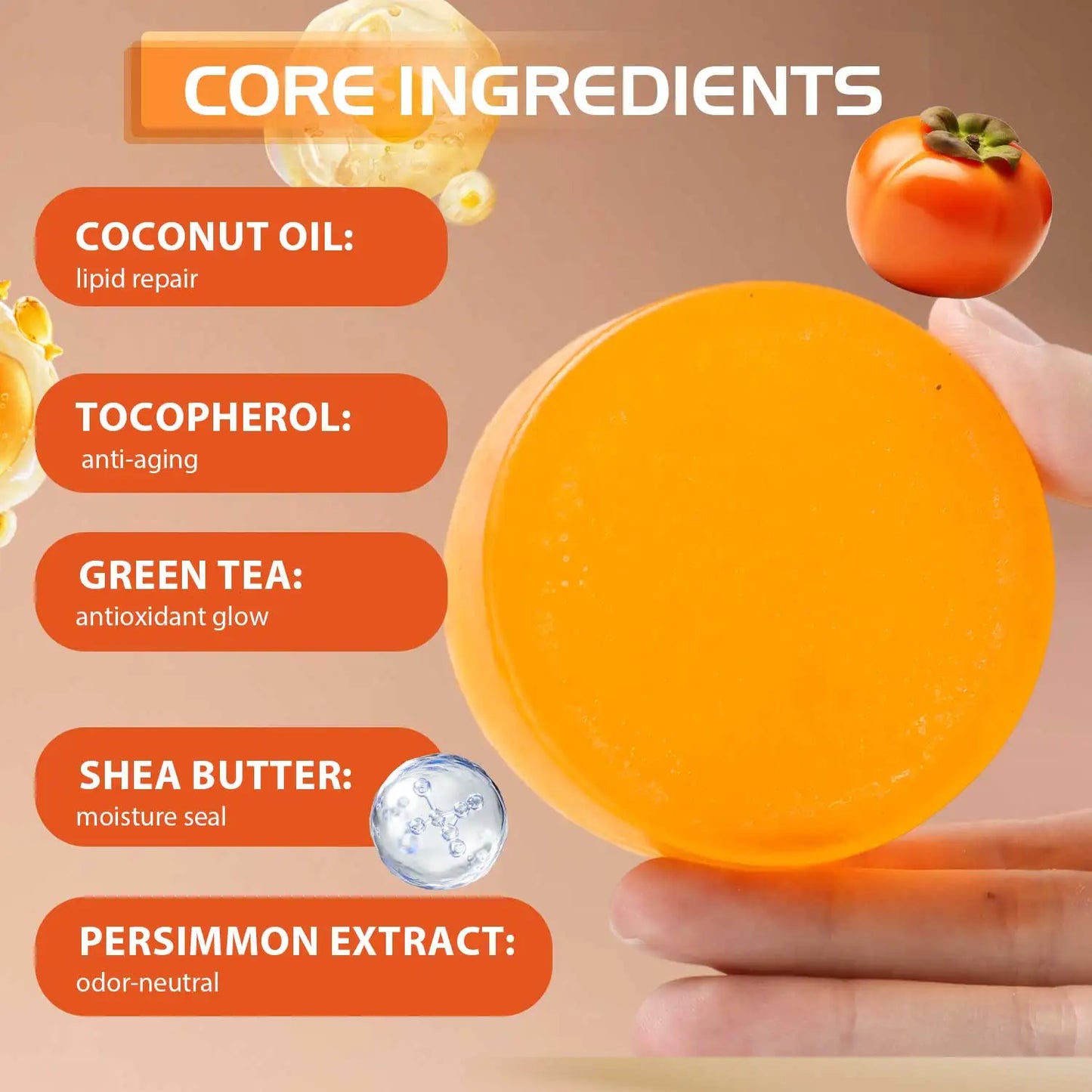 Persimmon Soap Bar with Green Tea Extract – Deodorizing & Purifying Soap for Body Odor, Face & Hand Wash –