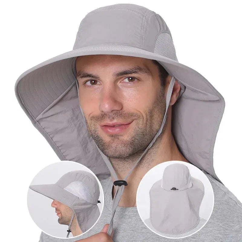 Unisex Wide Brim Sun Hat with Neck Flap, UV Protection Safari Cap, Mesh Panels, Adjustable Chin Strap, Lightweight, Packable