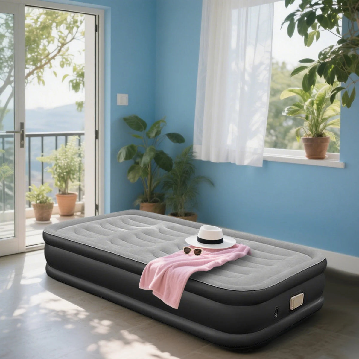 1-2 Person Automatic Inflatable Air Mattress with Built-In Pump, Thick PVC Camping Bed for Indoor Outdoor Use, Portable Sleeping Mat for Travel & Home