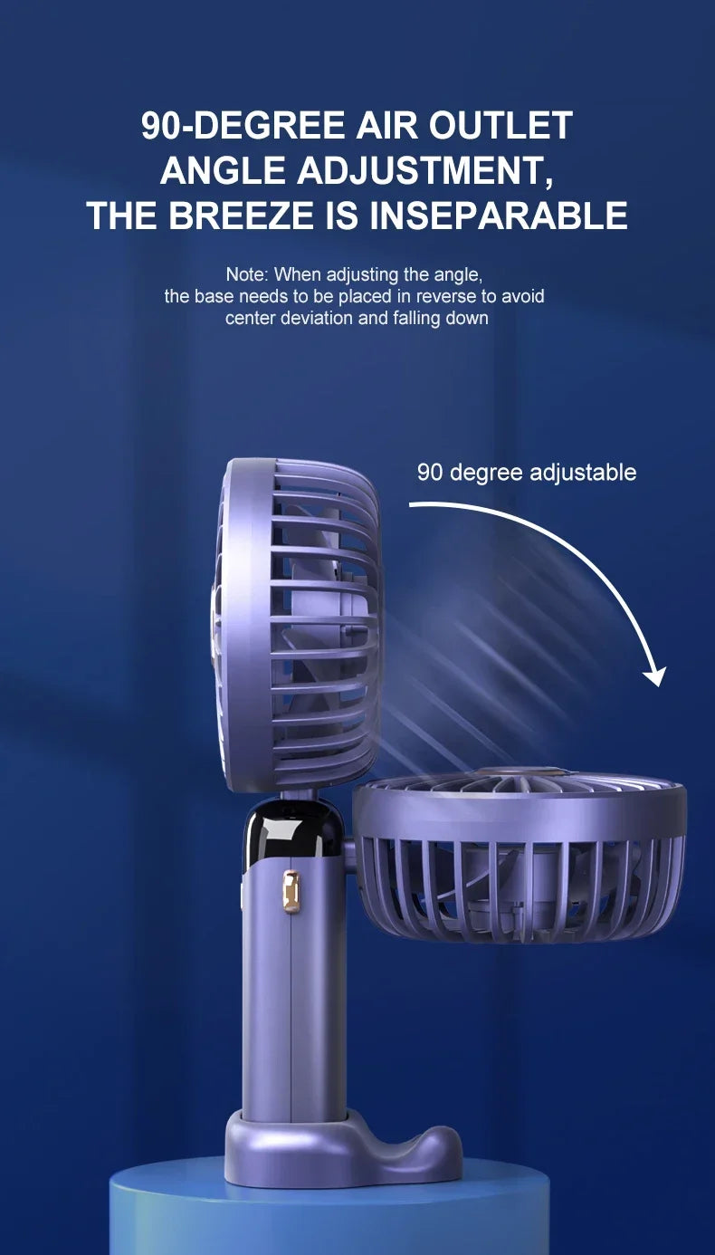 Handheld Mini Fan 3000mAh, Foldable 5-Speed USB Rechargeable, Neck-Hanging/Desk, Phone Stand & LED Display
