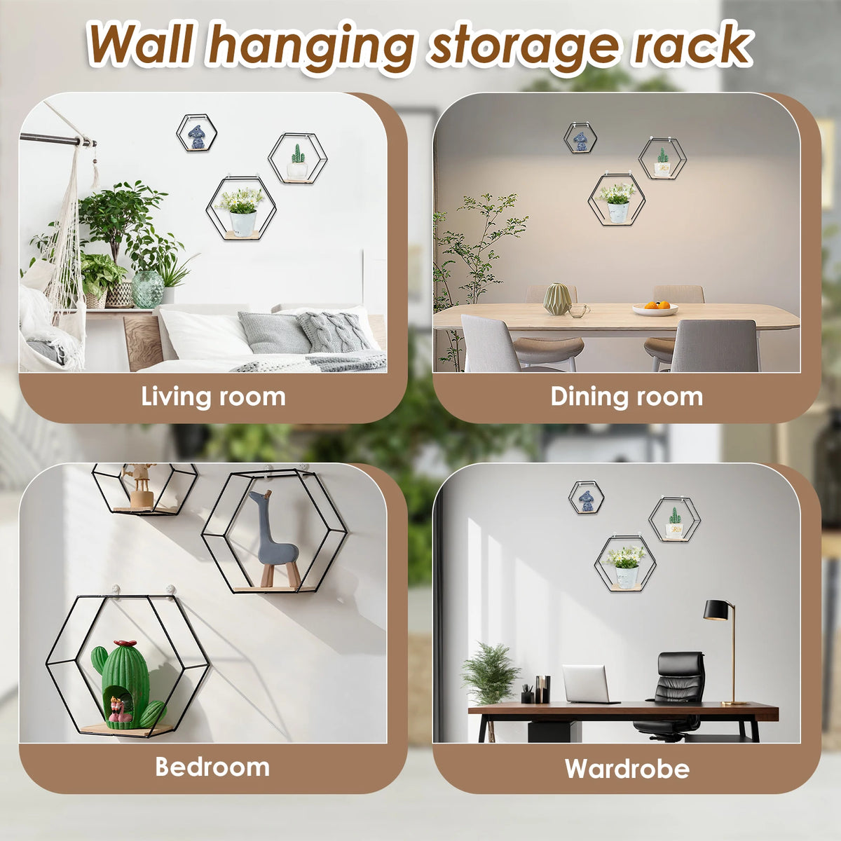 Wall Mounted Hexagonal Floating Shelves – Set of 3 Stainless Steel & Wood Display Racks for Living Room, Bedroom, Office