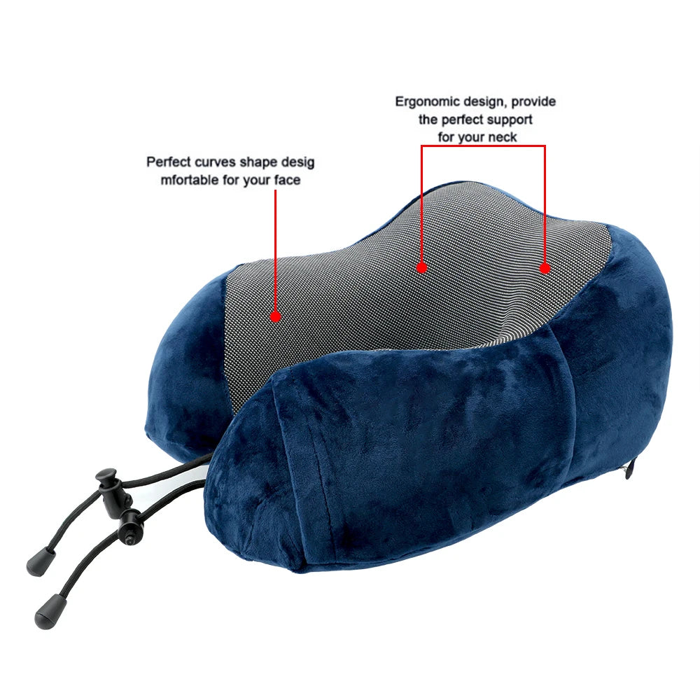 Memory Foam Travel Neck Pillow, U-Shaped 360-Degree Support, 100% Cotton Cover, Airplane Car Office Cushion for Men & Women