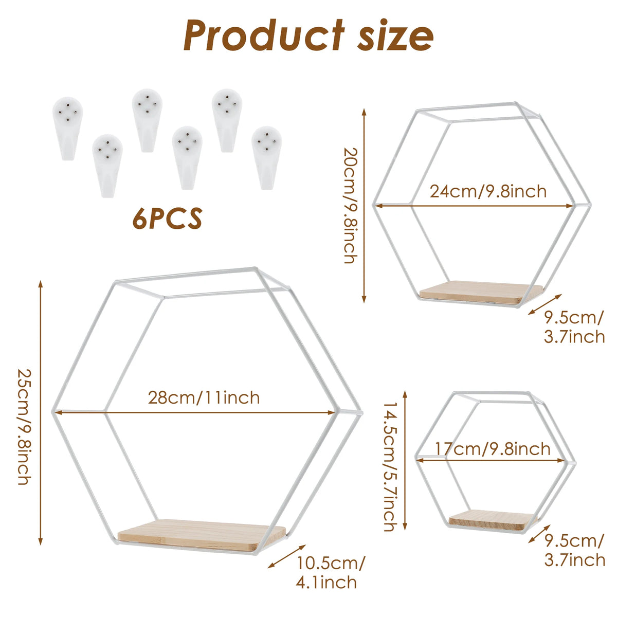 Wall Mounted Hexagonal Floating Shelves – Set of 3 Stainless Steel & Wood Display Racks for Living Room, Bedroom, Office