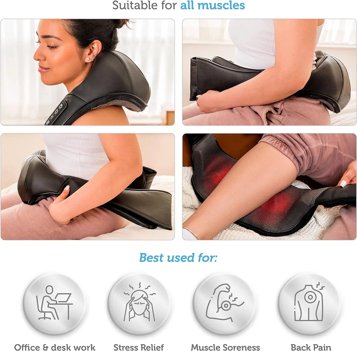 Heated Shiatsu Neck and Back Massager – Portable Deep Kneading Electric Massage Shawl for Shoulders, Waist, Legs & Full Body Muscle Relief