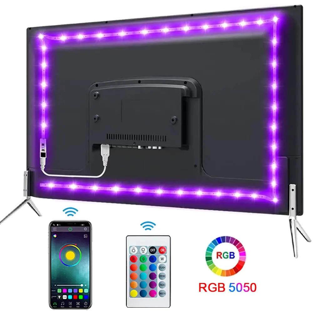 Bluetooth LED Strip Lights 5050 RGB, App + Remote Control, 16.4ft (5m) Flexible LED Tape for TV Backlight, Bedroom, Gaming Room, Home Decor, Dimmable, Timer