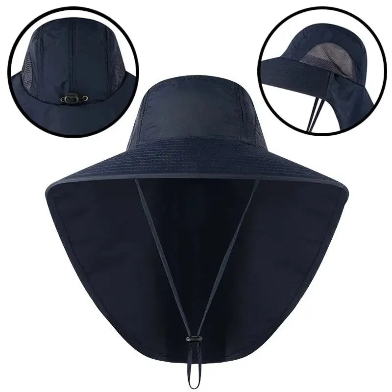 Unisex Wide Brim Sun Hat with Neck Flap, UV Protection Safari Cap, Mesh Panels, Adjustable Chin Strap, Lightweight, Packable