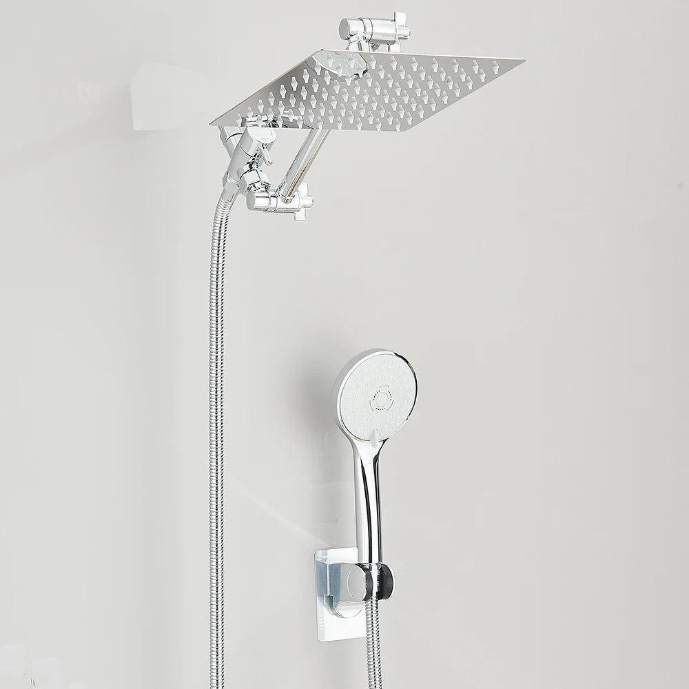 8–12" High Pressure Rain Shower Head, Square Stainless Steel – Adjustable Extension Arm with 3-Way Handheld Spray Combo