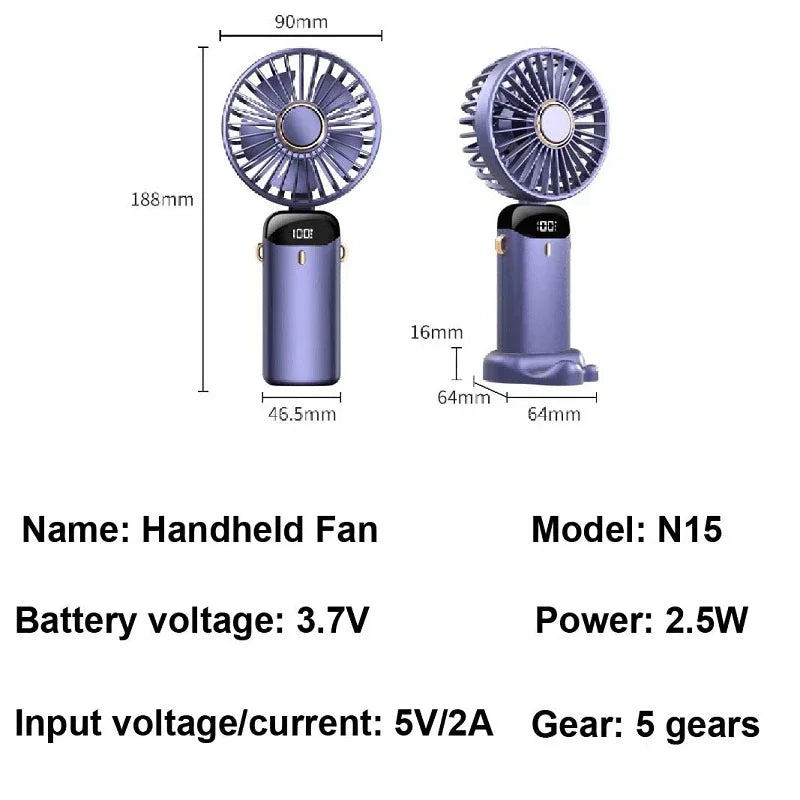 Handheld Mini Fan 3000mAh, Foldable 5-Speed USB Rechargeable, Neck-Hanging/Desk, Phone Stand & LED Display