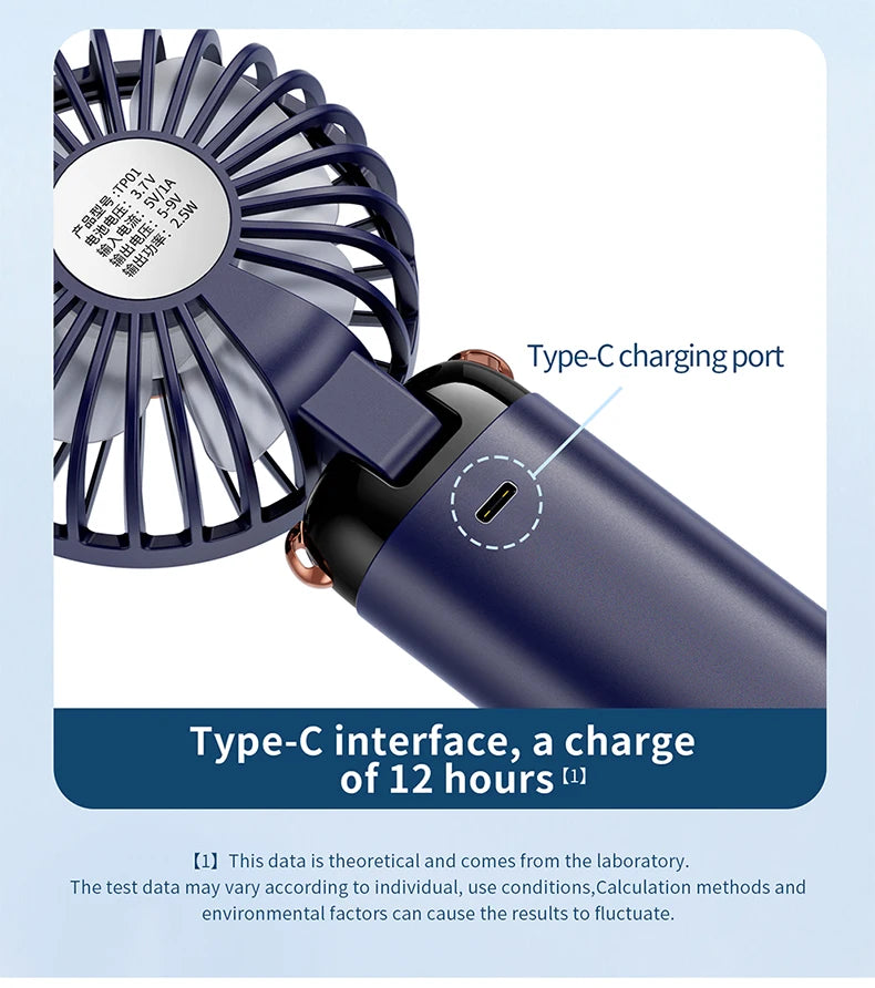 Handheld Mini Fan 3000mAh, Foldable 5-Speed USB Rechargeable, Neck-Hanging/Desk, Phone Stand & LED Display