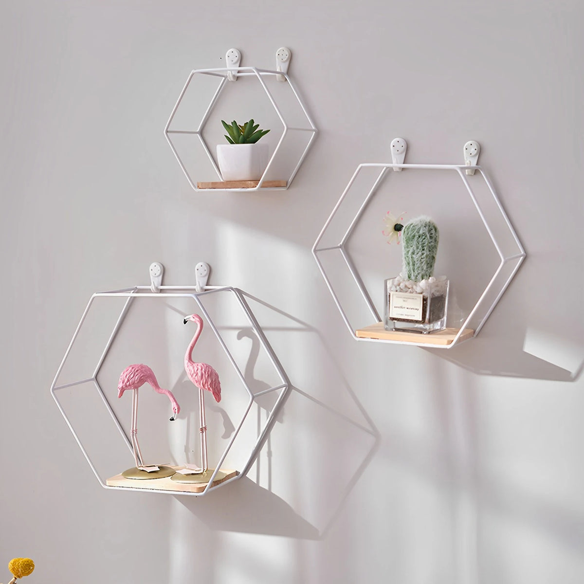 Wall Mounted Hexagonal Floating Shelves – Set of 3 Stainless Steel & Wood Display Racks for Living Room, Bedroom, Office