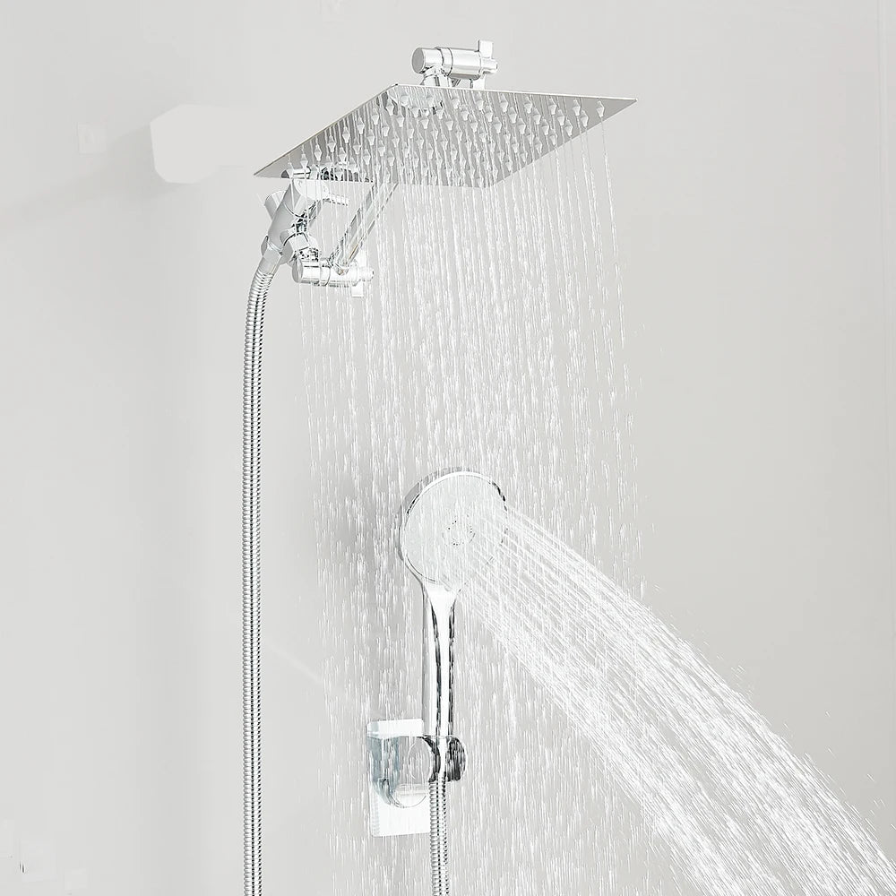 8–12" High Pressure Rain Shower Head, Square Stainless Steel – Adjustable Extension Arm with 3-Way Handheld Spray Combo