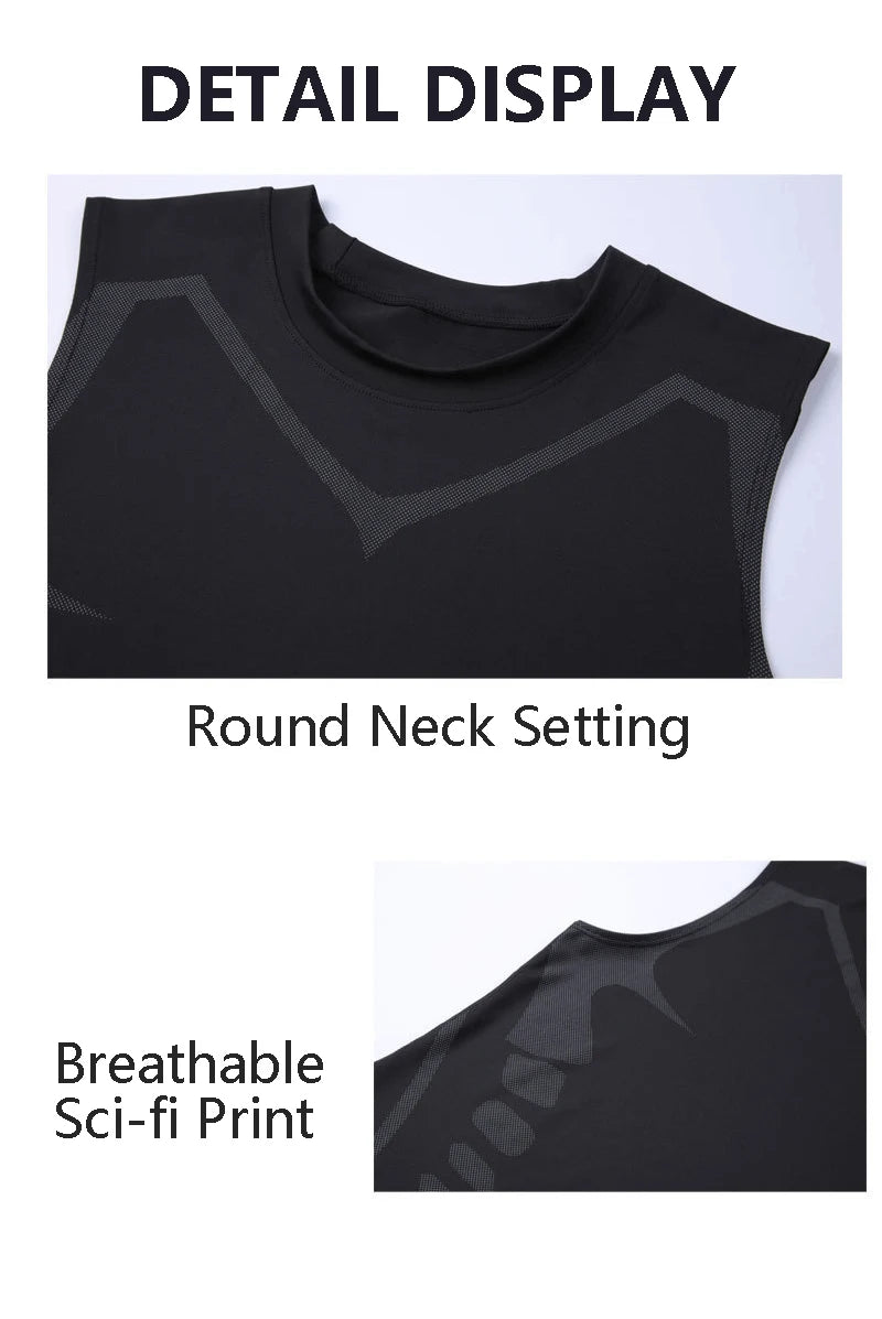 Men's Black Sci-Fi Print Tank Top, Quick-Dry Round Neck Sleeveless Athletic Vest for Gym & Beach