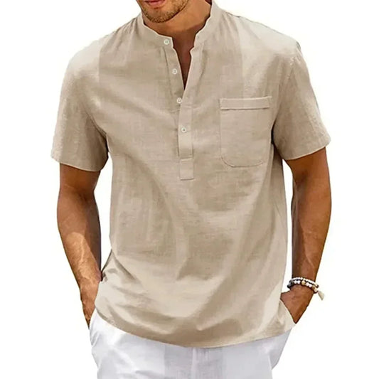 Men’s Cotton Linen Henley T-Shirt, Short Sleeve Pocket, Casual Lightweight Breathable Solid Summer Beach Top