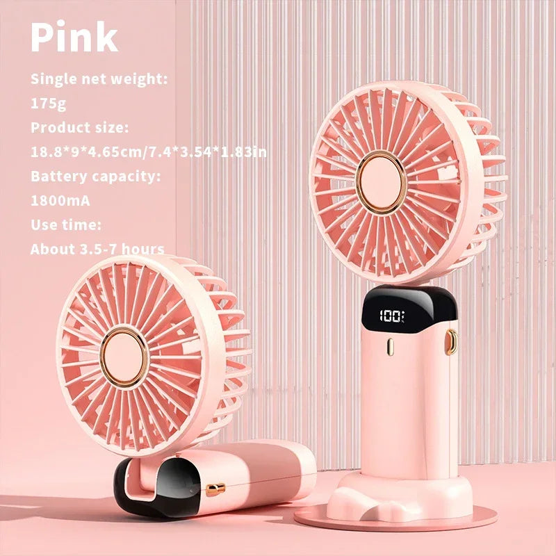 Handheld Mini Fan 3000mAh, Foldable 5-Speed USB Rechargeable, Neck-Hanging/Desk, Phone Stand & LED Display