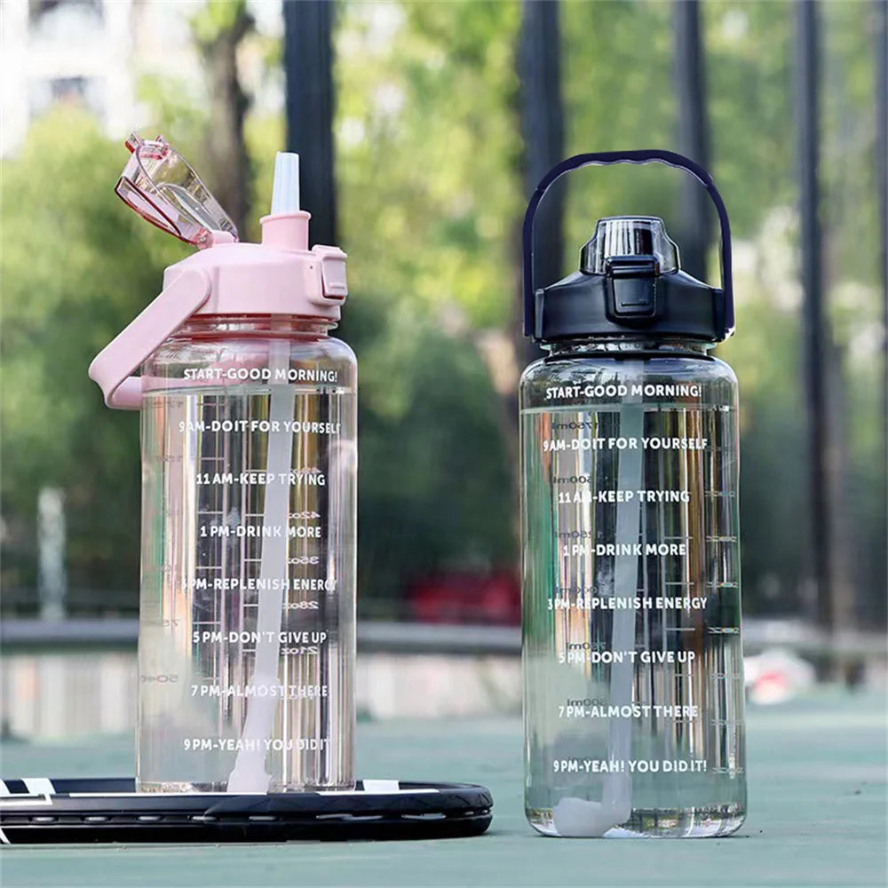 2L Water Bottle with Time Marker, Leak-Proof, Non-Slip, Portable Plastic Fitness Cup for Travel with Cute Stickers