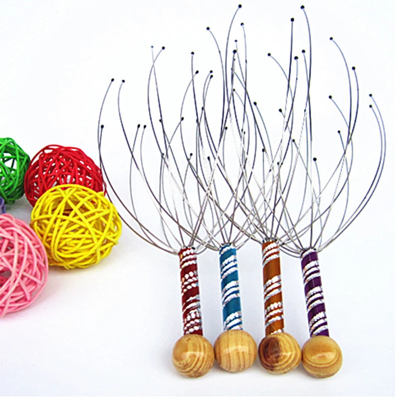 Octopus Head Massager, Manual Scalp Scratcher, Stainless Steel Claws, Wood Handle, Stress Relief, Non-Electric, Random Color