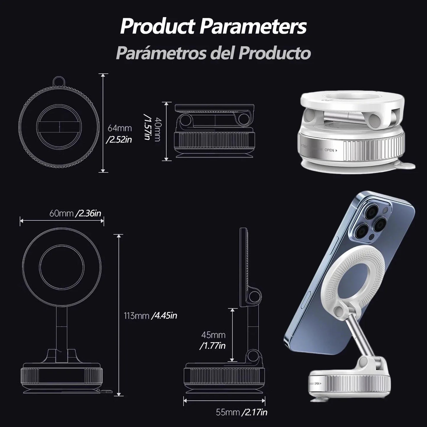 New 360° Rotation Folding Magnetic Car Phone Holder With Vacuum Suction Cup For iPhone 12-16 Series Car/Gym/Driving Phone Holder