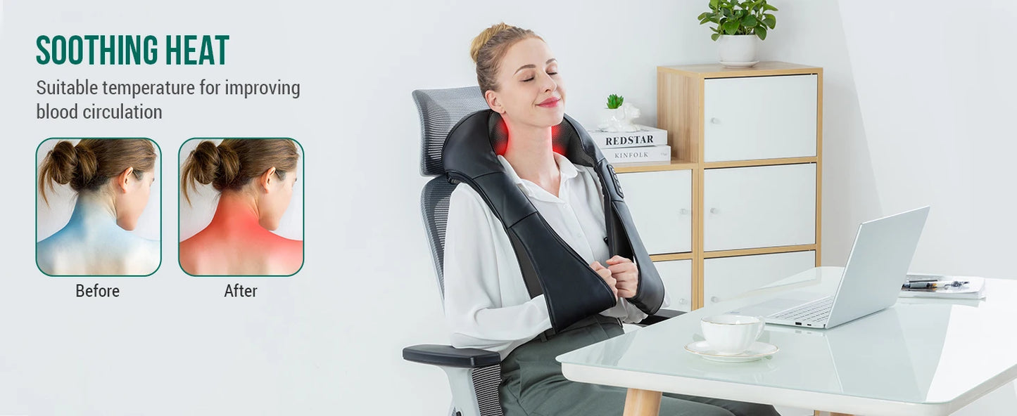 Heated Shiatsu Neck and Back Massager – Portable Deep Kneading Electric Massage Shawl for Shoulders, Waist, Legs & Full Body Muscle Relief