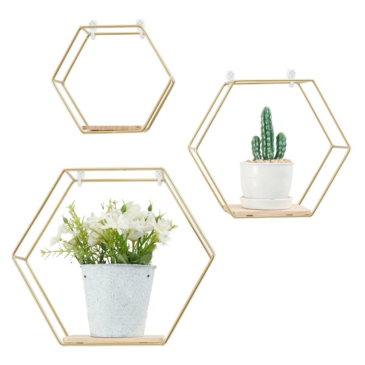 Wall Mounted Hexagonal Floating Shelves – Set of 3 Stainless Steel & Wood Display Racks for Living Room, Bedroom, Office