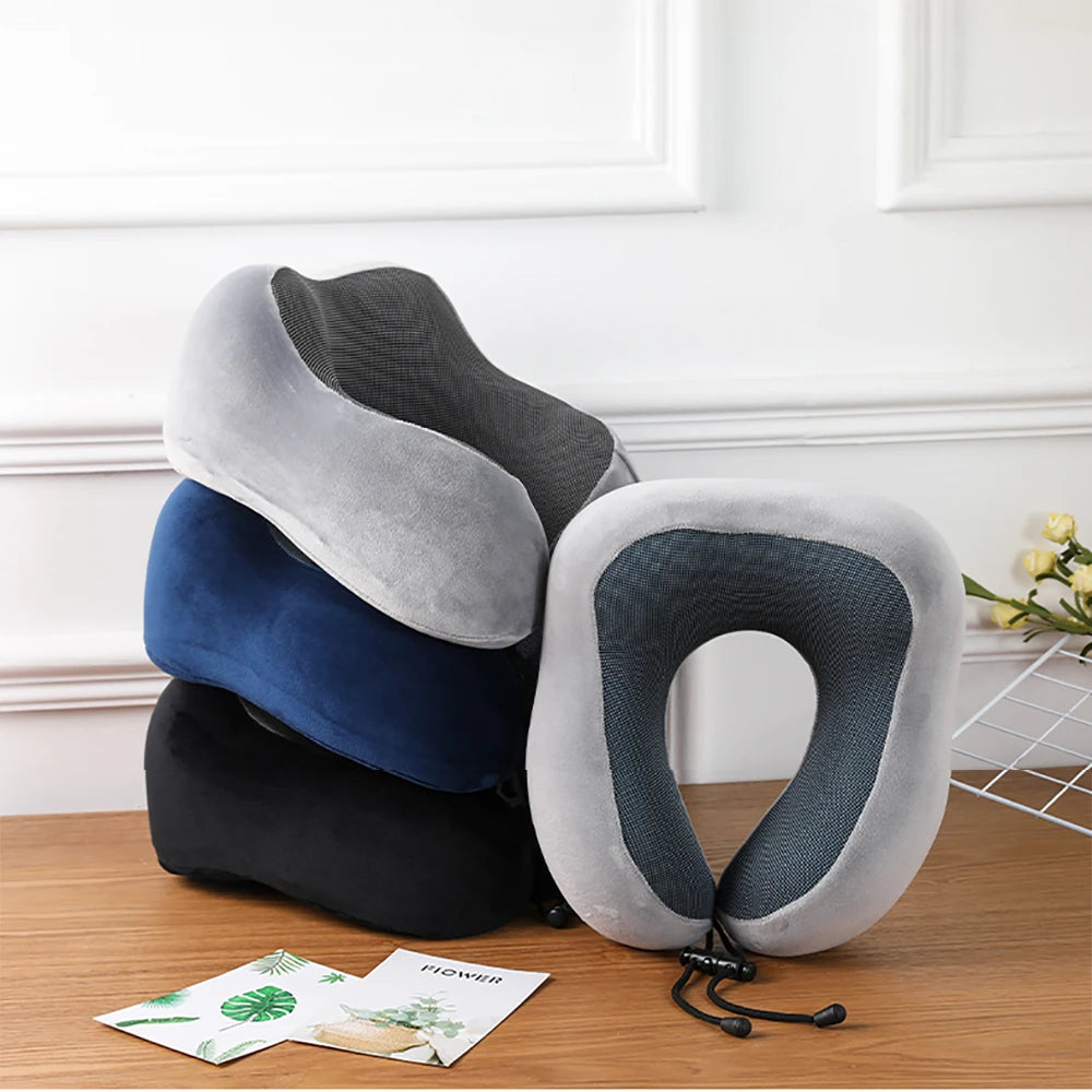 Memory Foam Travel Neck Pillow, U-Shaped 360-Degree Support, 100% Cotton Cover, Airplane Car Office Cushion for Men & Women
