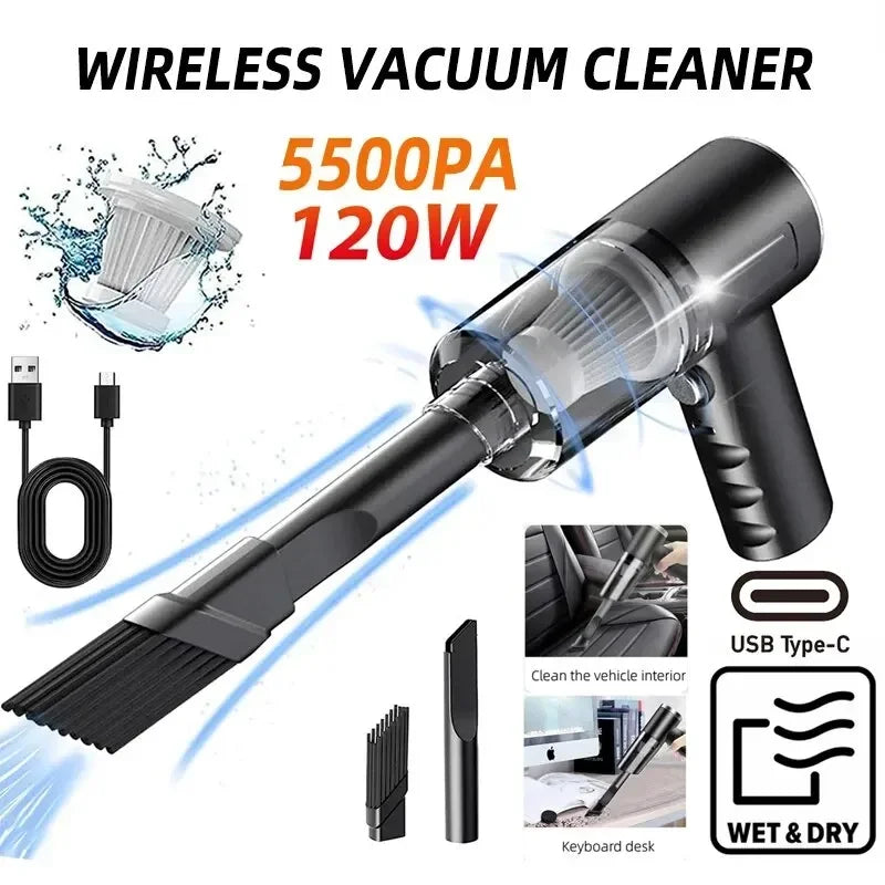 Portable Cordless Handheld Vacuum Cleaner, 120W Mini, USB-C Rechargeable, 5.5kPa Suction, Washable HEPA Filter, Crevice & Brush Nozzles for Car & Home