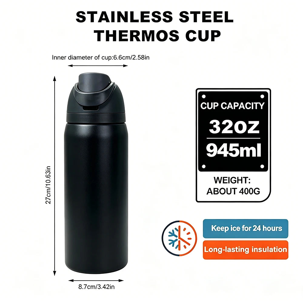 32 oz Black Stainless Steel Insulated Water Bottle with Straw Lid | Vacuum Insulated Sports Flask