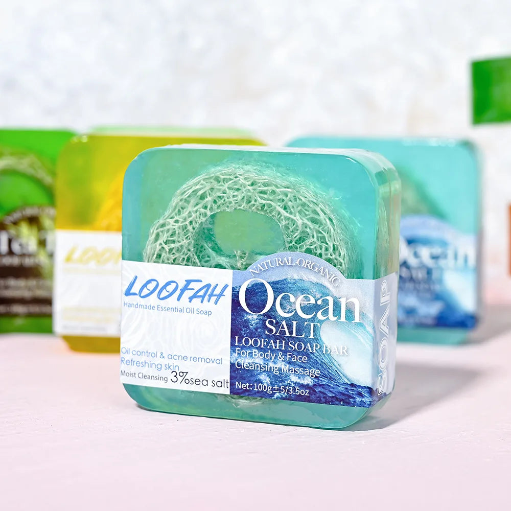 Handmade Soap Bar with Loofah – 3.53oz (100g) Essential Oil Bath Bar, Exfoliating & Nourishing Cleanser