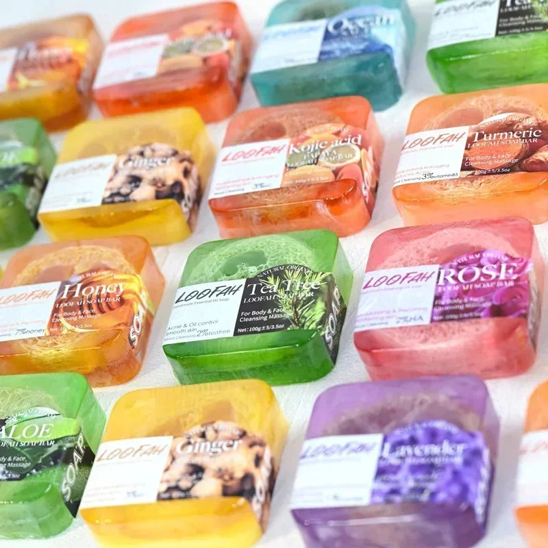 Handmade Soap Bar with Loofah – 3.53oz (100g) Essential Oil Bath Bar, Exfoliating & Nourishing Cleanser