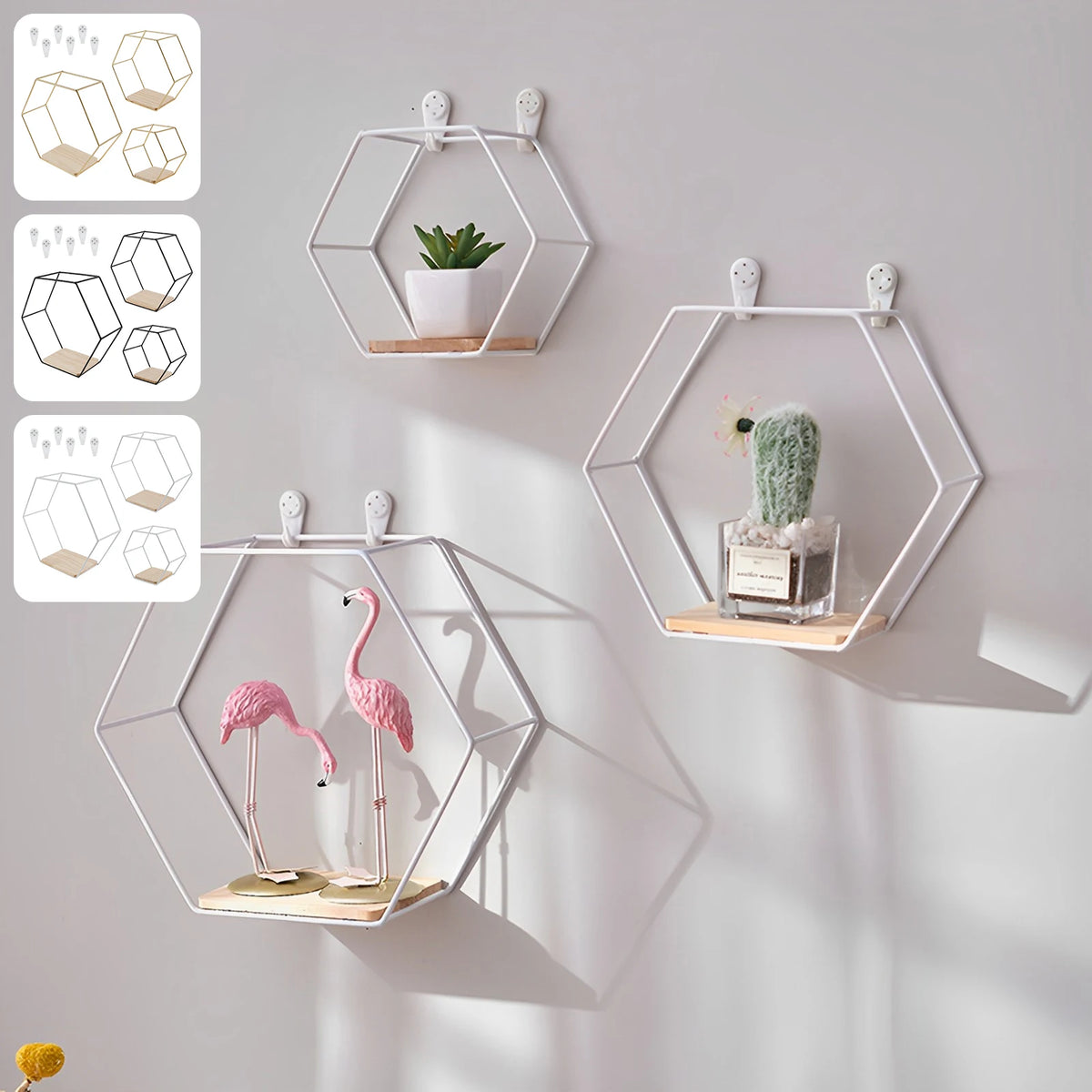 Wall Mounted Hexagonal Floating Shelves – Set of 3 Stainless Steel & Wood Display Racks for Living Room, Bedroom, Office