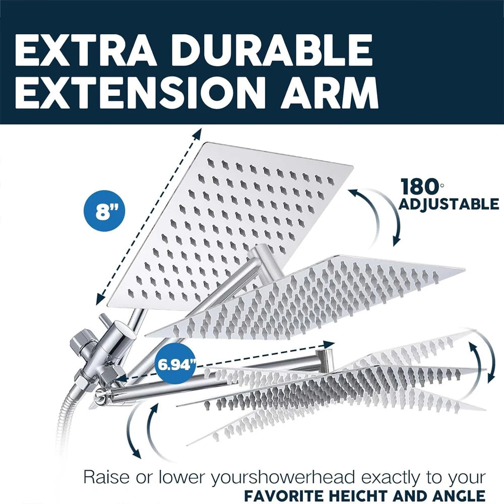 8–12" High Pressure Rain Shower Head, Square Stainless Steel – Adjustable Extension Arm with 3-Way Handheld Spray Combo
