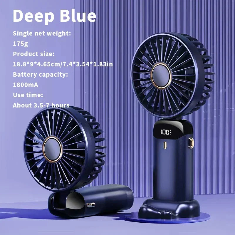 Handheld Mini Fan 3000mAh, Foldable 5-Speed USB Rechargeable, Neck-Hanging/Desk, Phone Stand & LED Display