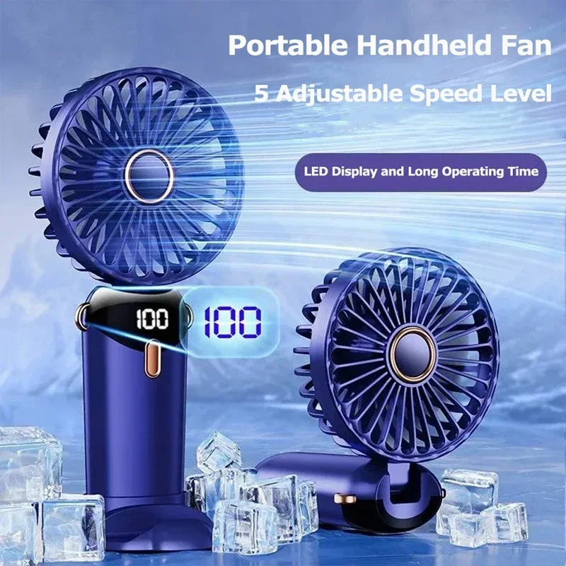 Handheld Mini Fan 3000mAh, Foldable 5-Speed USB Rechargeable, Neck-Hanging/Desk, Phone Stand & LED Display