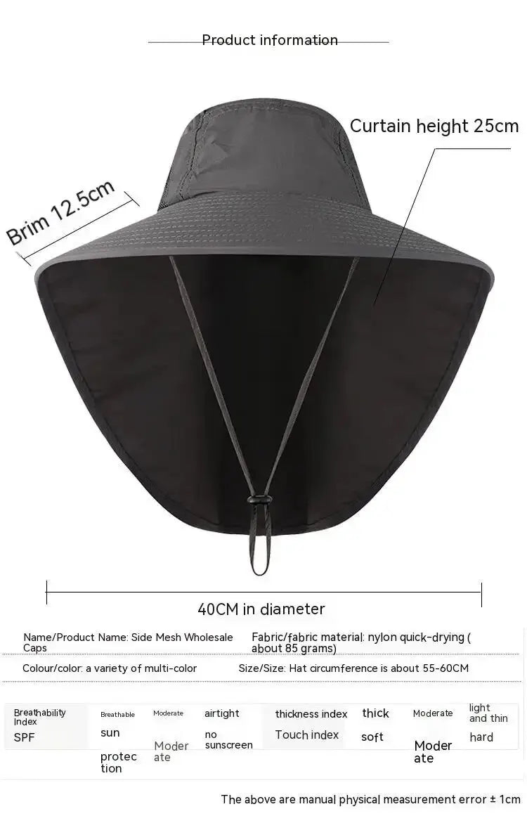 Unisex Wide Brim Sun Hat with Neck Flap, UV Protection Safari Cap, Mesh Panels, Adjustable Chin Strap, Lightweight, Packable