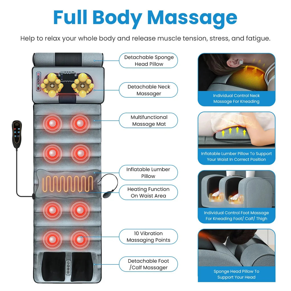 Full Body Massage Mat with Heat – Electric Vibration Pad for Back, Neck, Foot & Lumbar Support, Foldable Cushion Mattress with Detachable Massagers & Timer