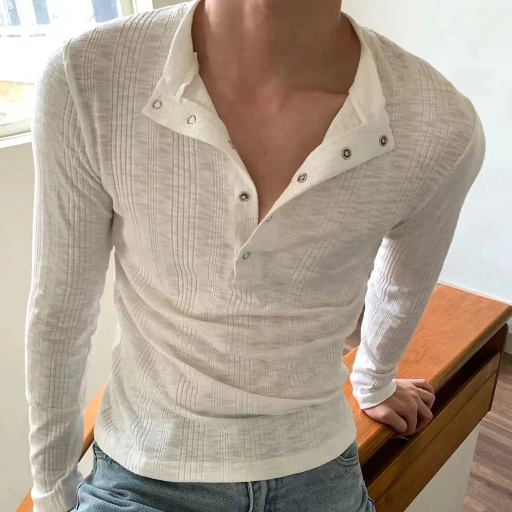 Sweater Mens Striped Texture Henry Collar Knitted Pullover Autumn Casual Versatile Unisex Daily Undershirt Men's Clothing 2024