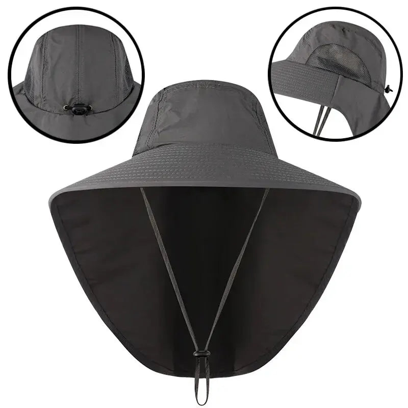 Unisex Wide Brim Sun Hat with Neck Flap, UV Protection Safari Cap, Mesh Panels, Adjustable Chin Strap, Lightweight, Packable